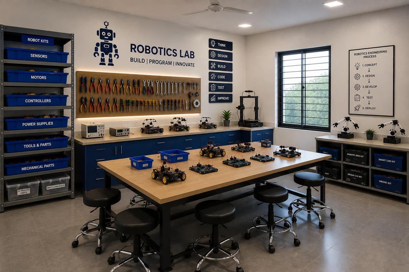 Complete robotics lab with labelled storage, workstations and robot kits