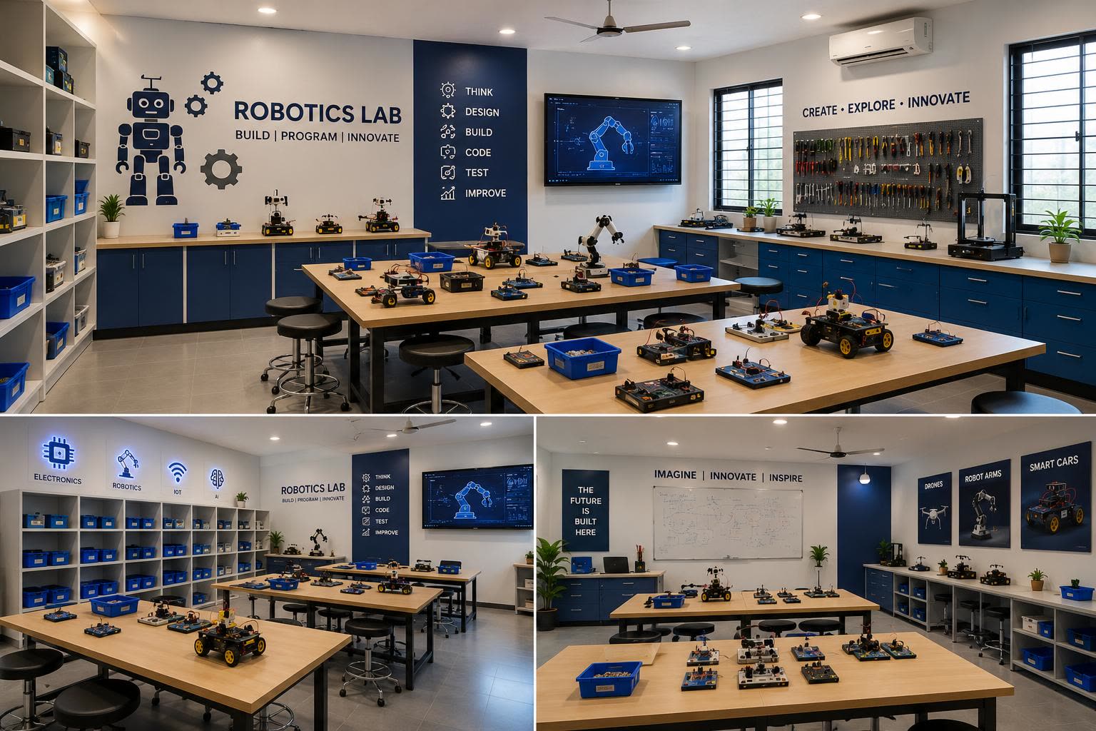 Multiple robotics lab views with smart cars, drones and robot arms