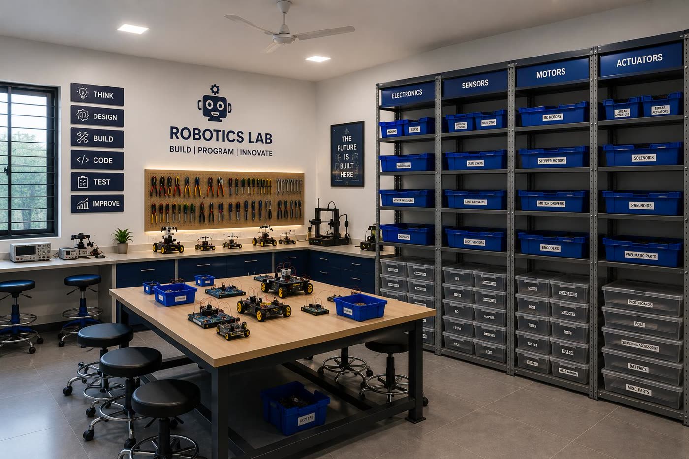 A fully set-up robotics lab with organised equipment shelves and workstations